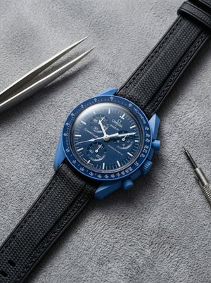 Black stitch rubber strap for Omega x Swatch MoonSwatch Mission to Neptune. 