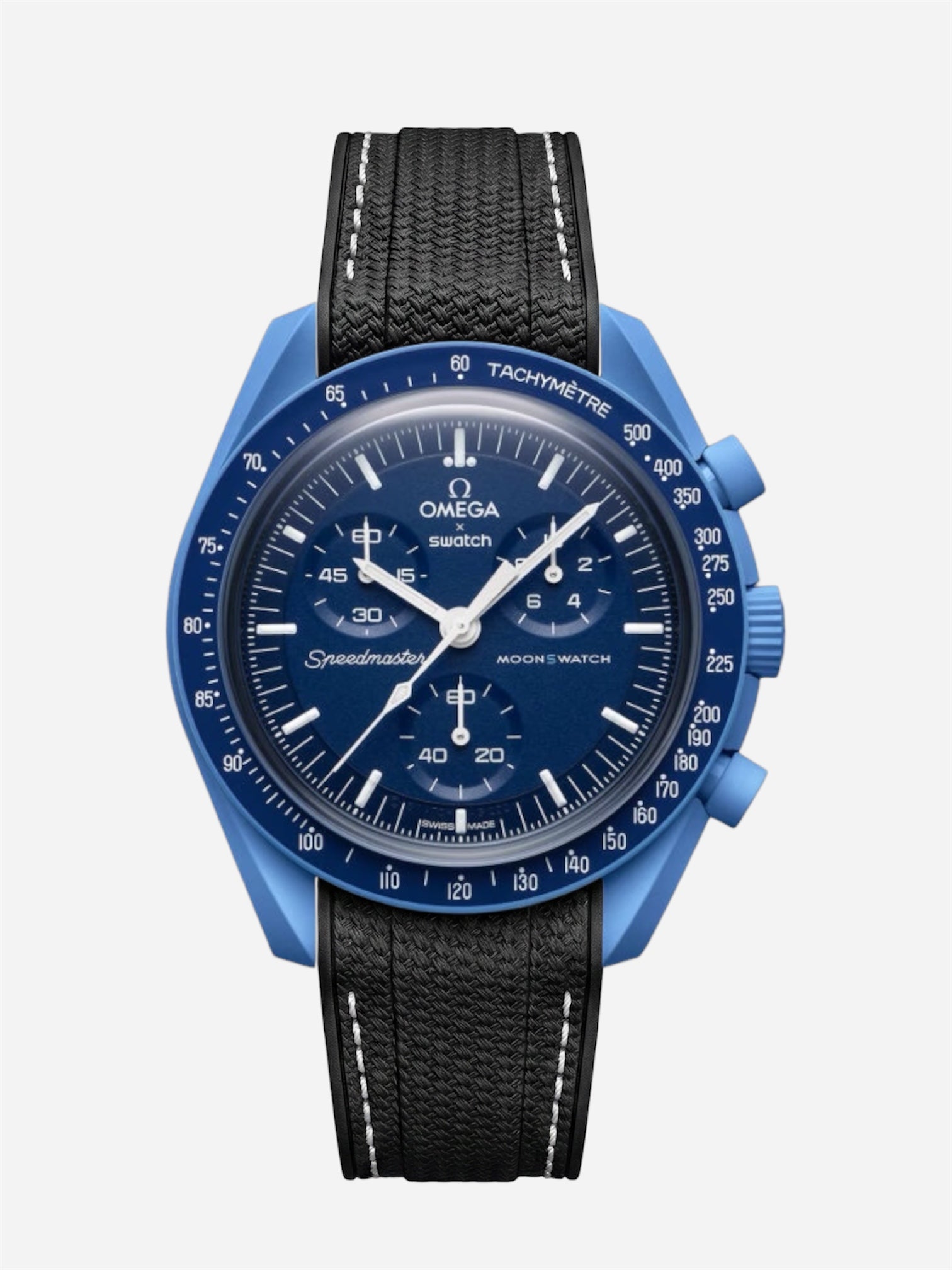 Black stitch rubber strap for Omega x Swatch MoonSwatch Mission to Neptune. 
