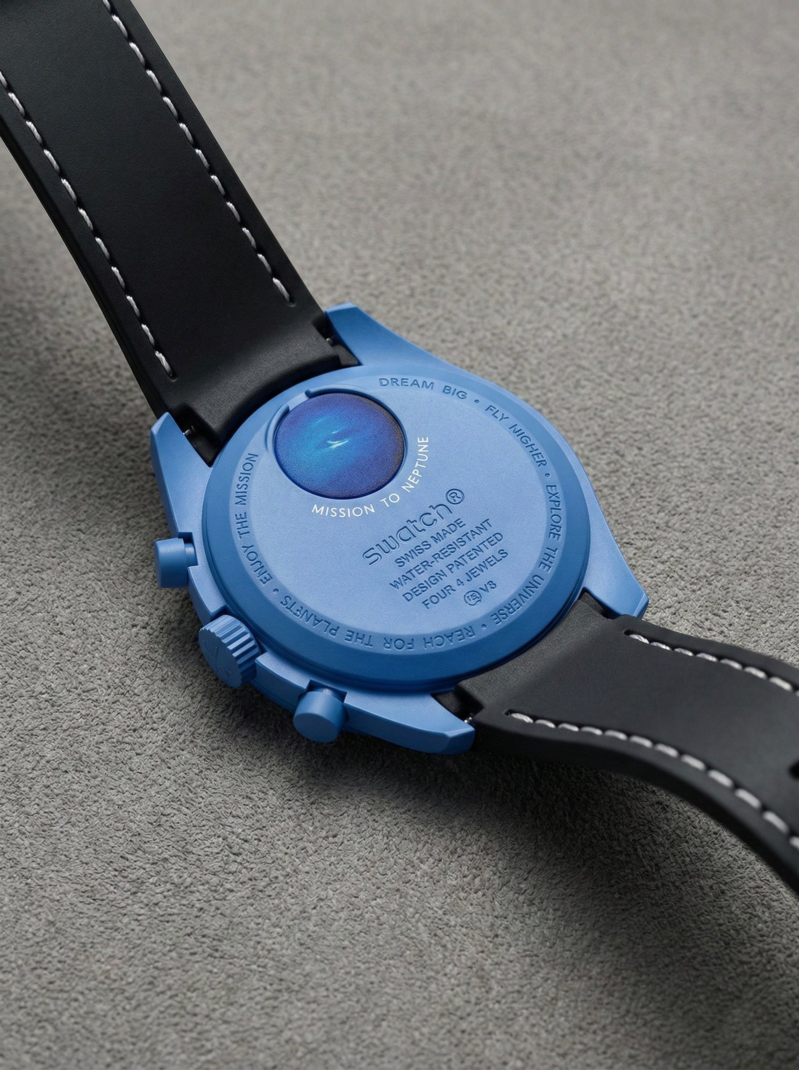 Black stitch rubber strap for Omega x Swatch MoonSwatch Mission to Neptune. 