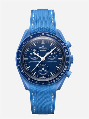 Blue stitch rubber strap for Omega x Swatch MoonSwatch Mission to Neptune. 