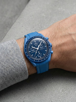 Blue stitch rubber strap for Omega x Swatch MoonSwatch Mission to Neptune. 