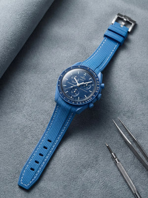 Blue stitch rubber strap for Omega x Swatch MoonSwatch Mission to Neptune. 