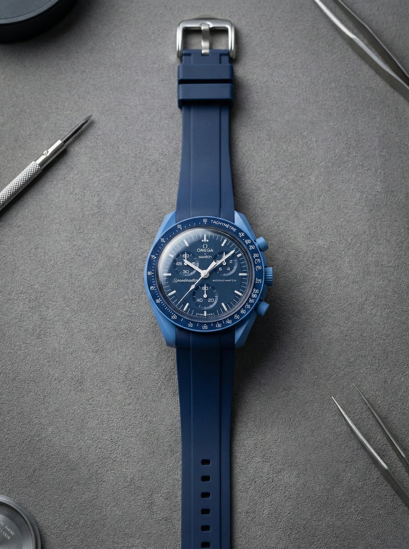 Blue smooth rubber strap for Omega x Swatch MoonSwatch Mission to Neptune. 