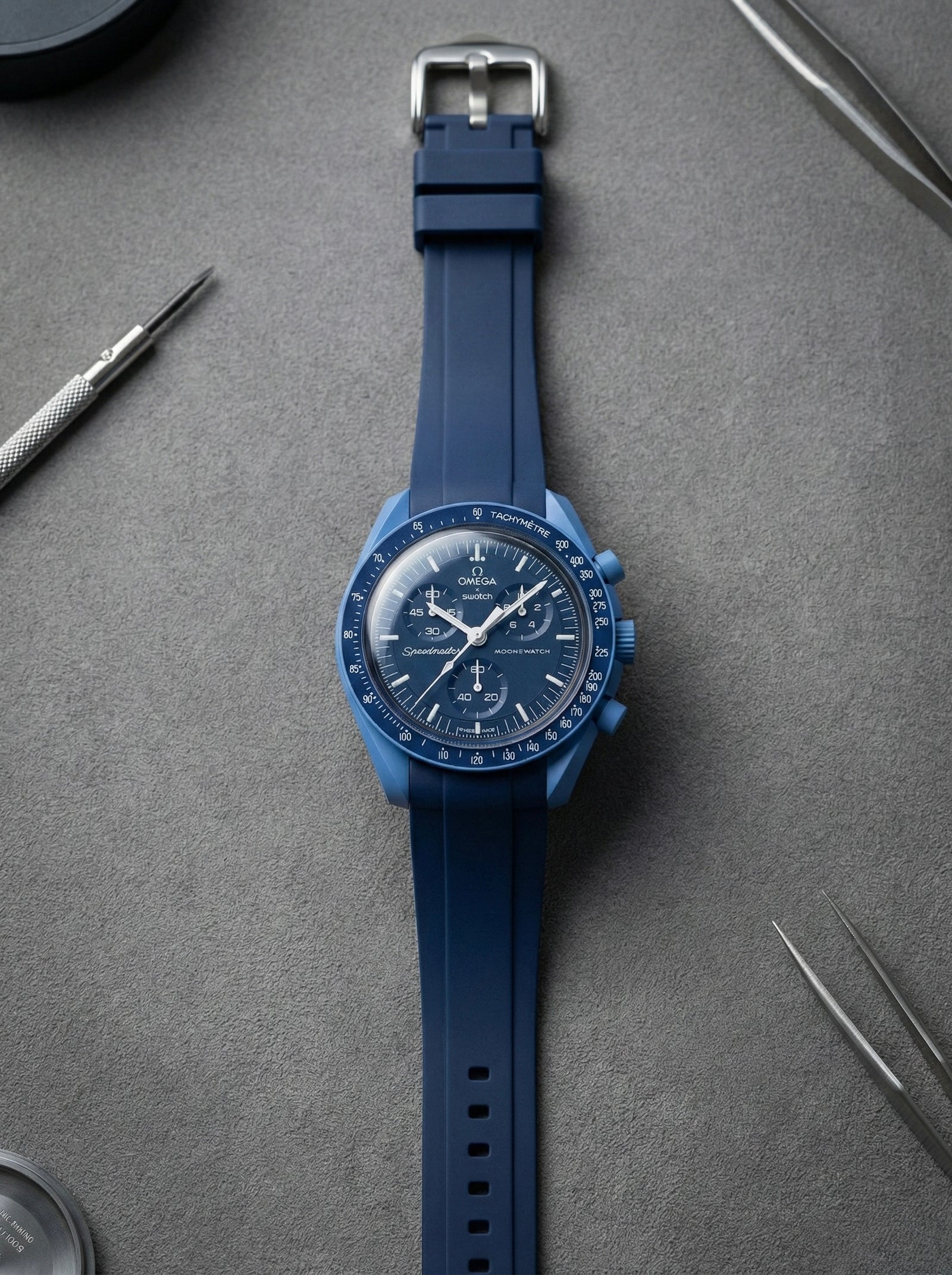 Blue smooth rubber strap for Omega x Swatch MoonSwatch Mission to Neptune. 
